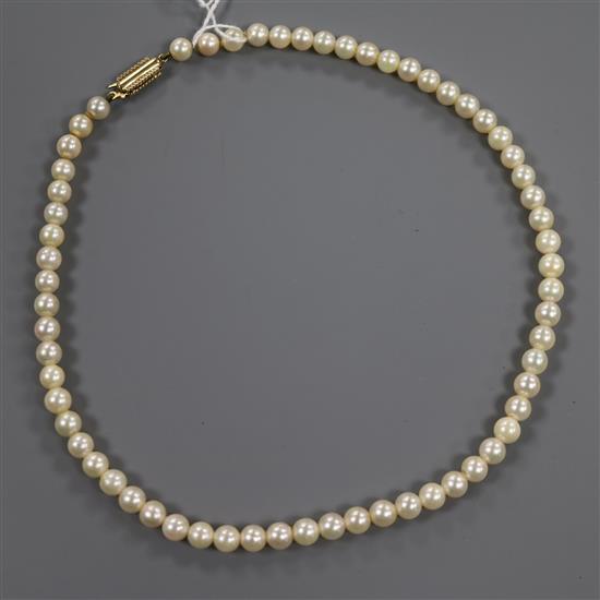 A single strand cultured pearl necklace, with 9ct gold clasp, 36cm.
